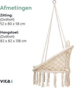 Vita5 Macramé Hangstoel - Voor Binnen En Buiten - Zonder Standaard - Incl. Kussen, Boekenvak En Beschermhoes - Tot 150kg - Beige -Tuin En Buiten 1020x1200 1