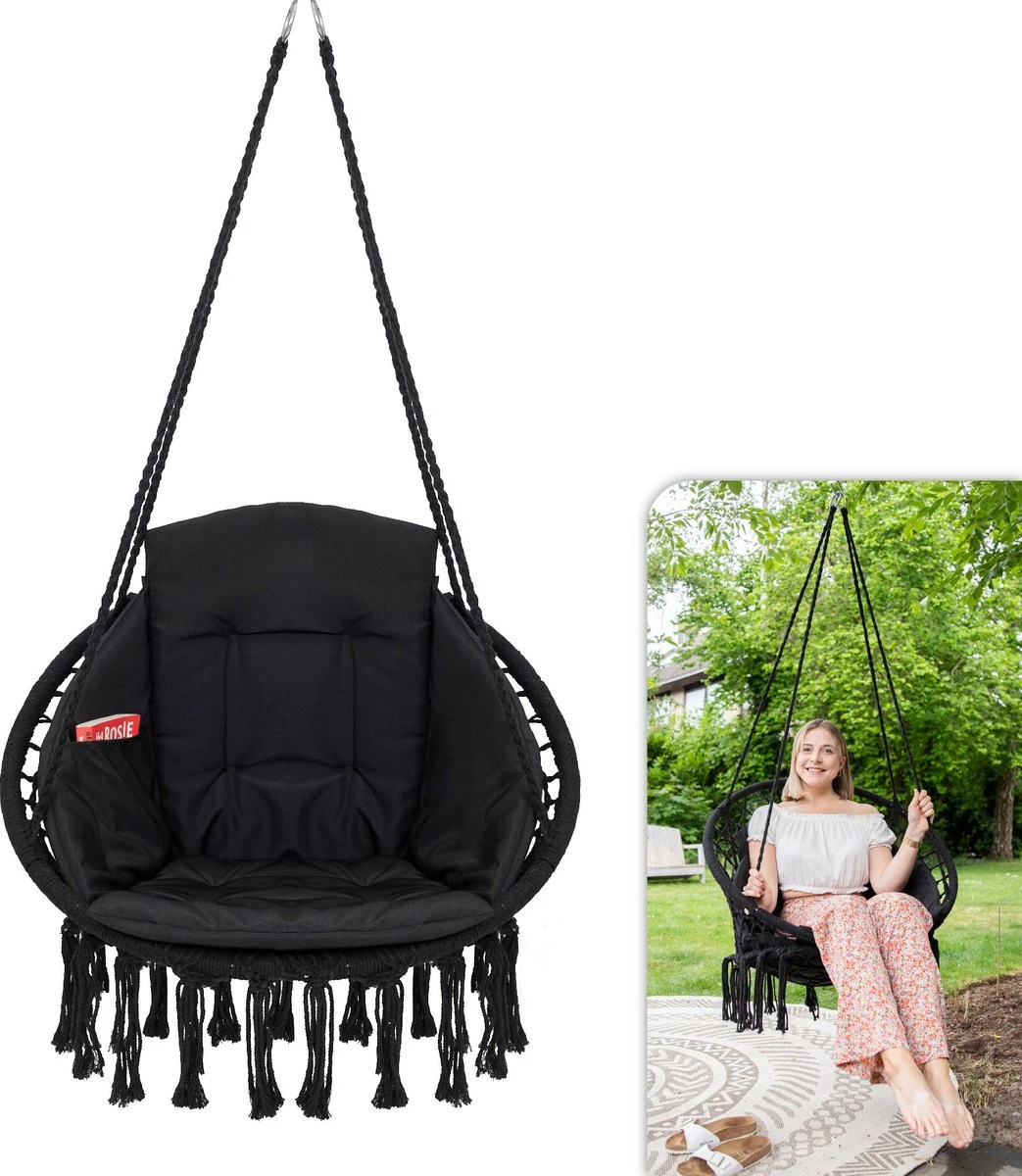 Vita5 Macramé Hangstoel - Voor Binnen En Buiten - Zonder Standaard - Incl. Kussen, Boekenvak En Beschermhoes - Tot 150kg - Zwart 1 Vita5 Macramé Hangstoel - Voor Binnen En Buiten - Zonder Standaard - Incl. Kussen, Boekenvak En Beschermhoes - Tot 150kg - Zwart