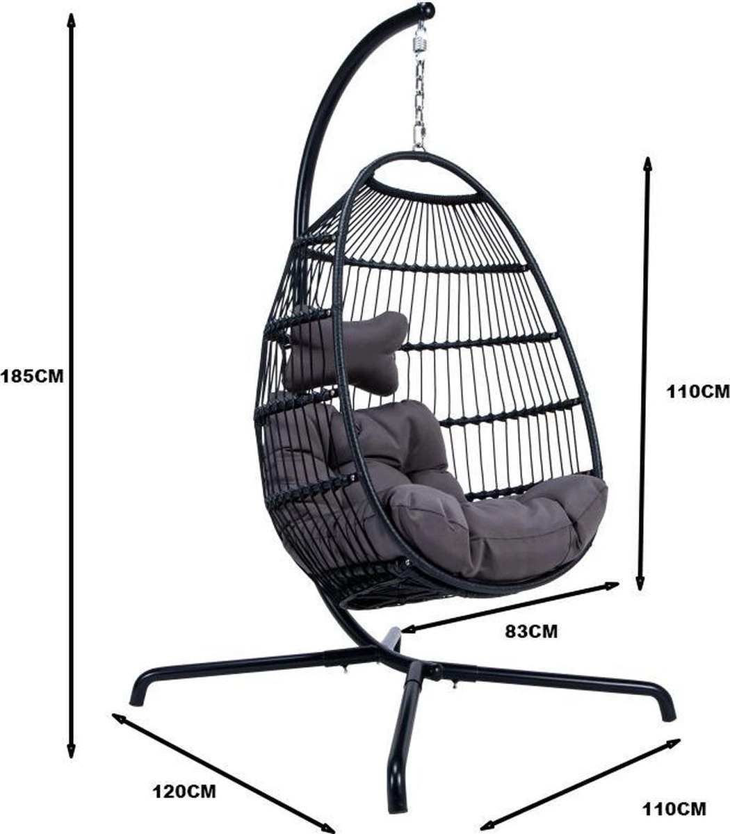 Merkloos Hangstoel Norway - Zwart Wicker & Touw Luxe Egg Hangstoel Met Dikke Antraciete Kussens Met Frame - Inklapbare Basket 2 Merkloos Hangstoel Norway - Zwart Wicker & Touw Luxe Egg Hangstoel Met Dikke Antraciete Kussens Met Frame - Inklapbare Basket - Afbeelding 2