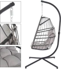 Pro Garden Lowander Hangstoel Egg 191x126x126- Schommelstoel Met Rattan Cocoon En Robuust Stalen Standaard Incl. Kussens - Volledig Inklapbaar - Lichtgrijs -Tuin En Buiten 1069x1200 1