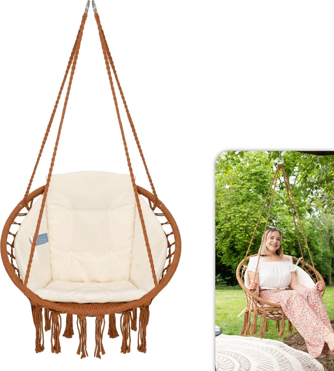 Vita5 Macramé Hangstoel - Voor Binnen En Buiten - Zonder Standaard - Incl. Kussen, Boekenvak En Beschermhoes - Tot 150kg - Bruin/Beige 1 Vita5 Macramé Hangstoel - Voor Binnen En Buiten - Zonder Standaard - Incl. Kussen, Boekenvak En Beschermhoes - Tot 150kg - Bruin/Beige