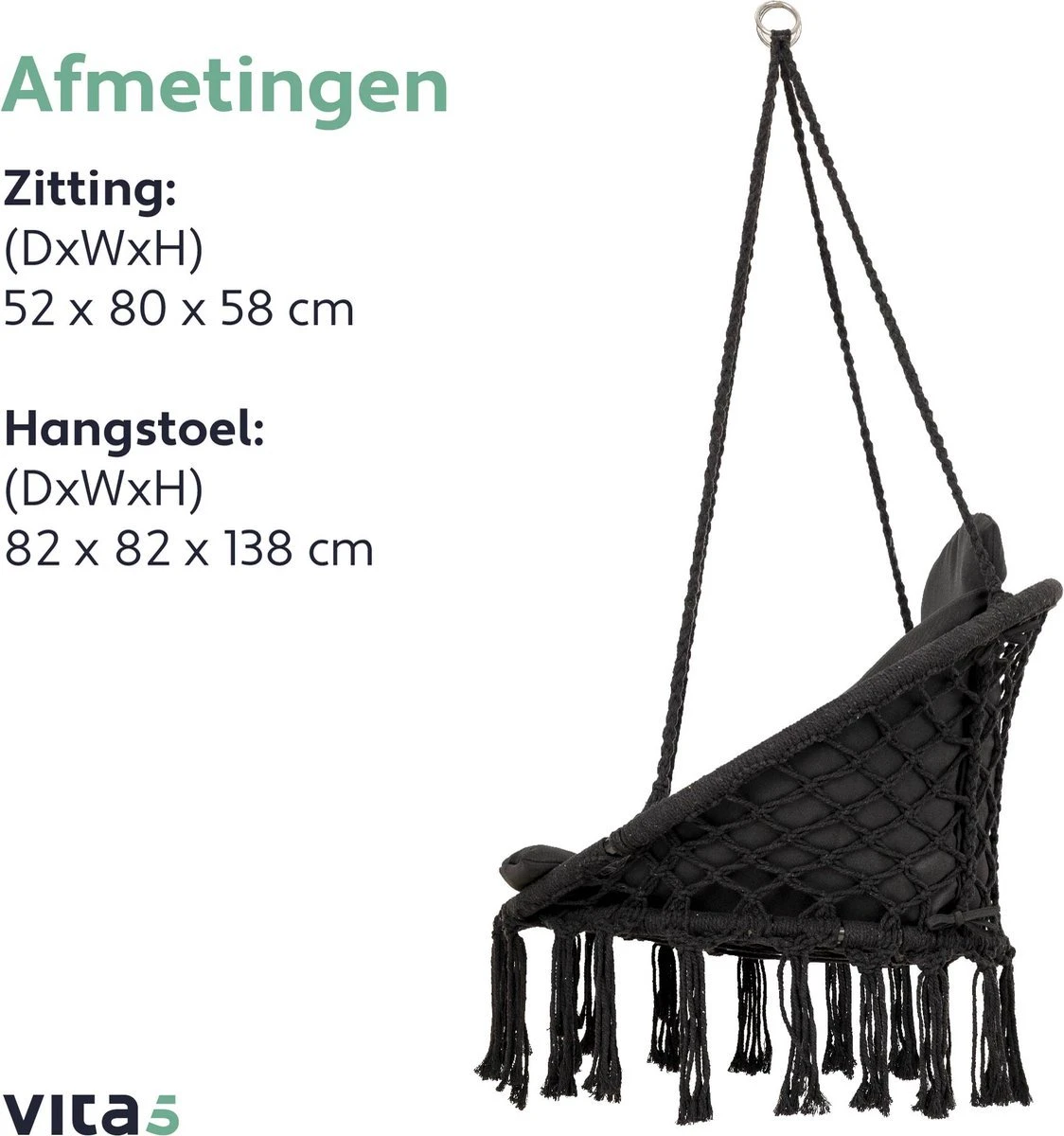 Vita5 Macramé Hangstoel - Voor Binnen En Buiten - Zonder Standaard - Incl. Kussen, Boekenvak En Beschermhoes - Tot 150kg - Zwart 8 Vita5 Macramé Hangstoel - Voor Binnen En Buiten - Zonder Standaard - Incl. Kussen, Boekenvak En Beschermhoes - Tot 150kg - Zwart - Afbeelding 8