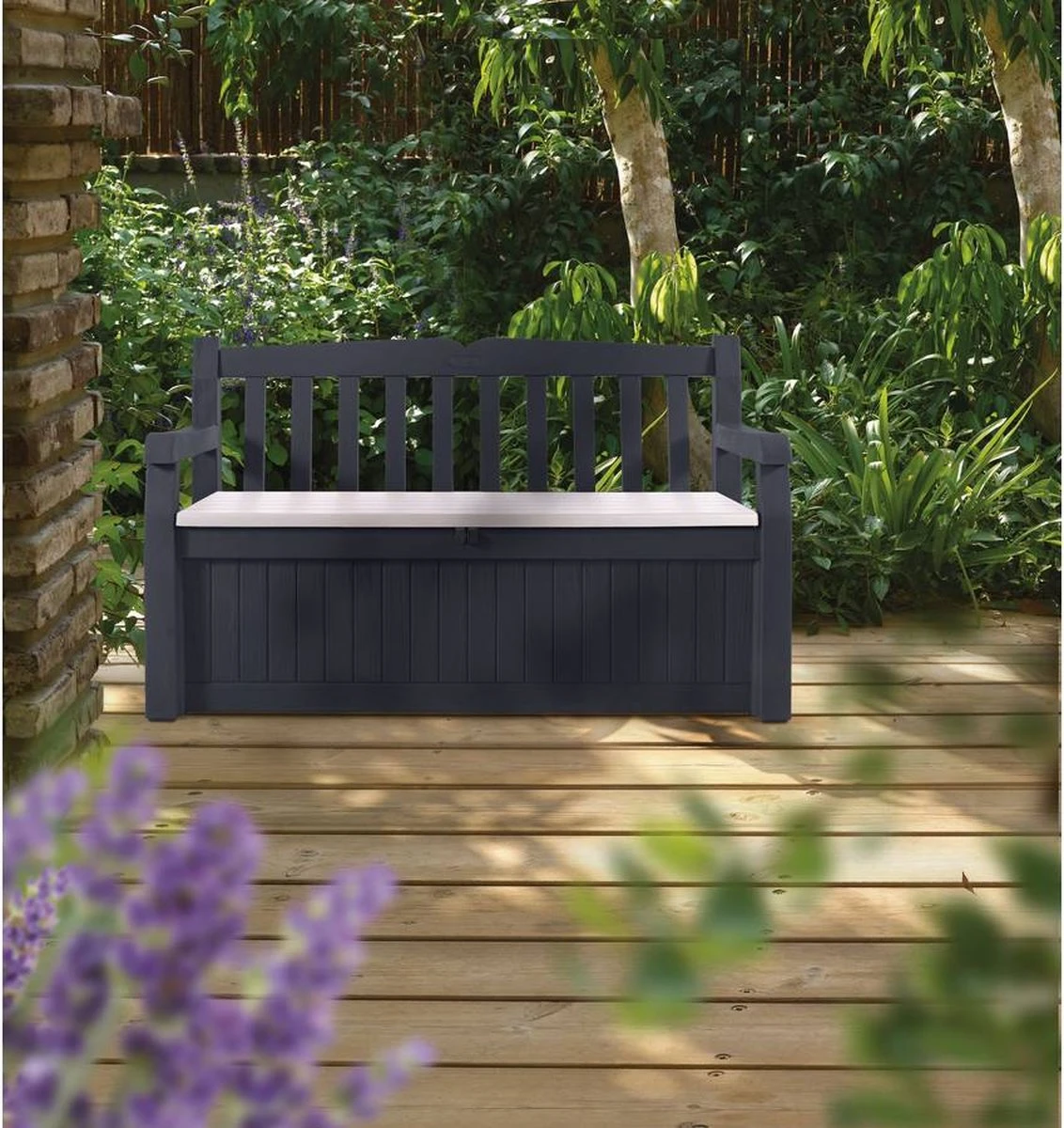 Keter Eden Garden Bench Opbergbank - 265L - 140x60x84cm - Zwart/Grijs 8 Keter Eden Garden Bench Opbergbank - 265L - 140x60x84cm - Zwart/Grijs - Afbeelding 8