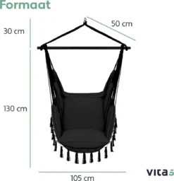 Vita5 XXL Hangstoel - Binnen&Buiten Hangnest - Incl. 2 Kussens En Boekenvak - Volwassenen&Kinderen - Hangmatstoel Tot 225kg - Zwart -Tuin En Buiten 1159x1200 7