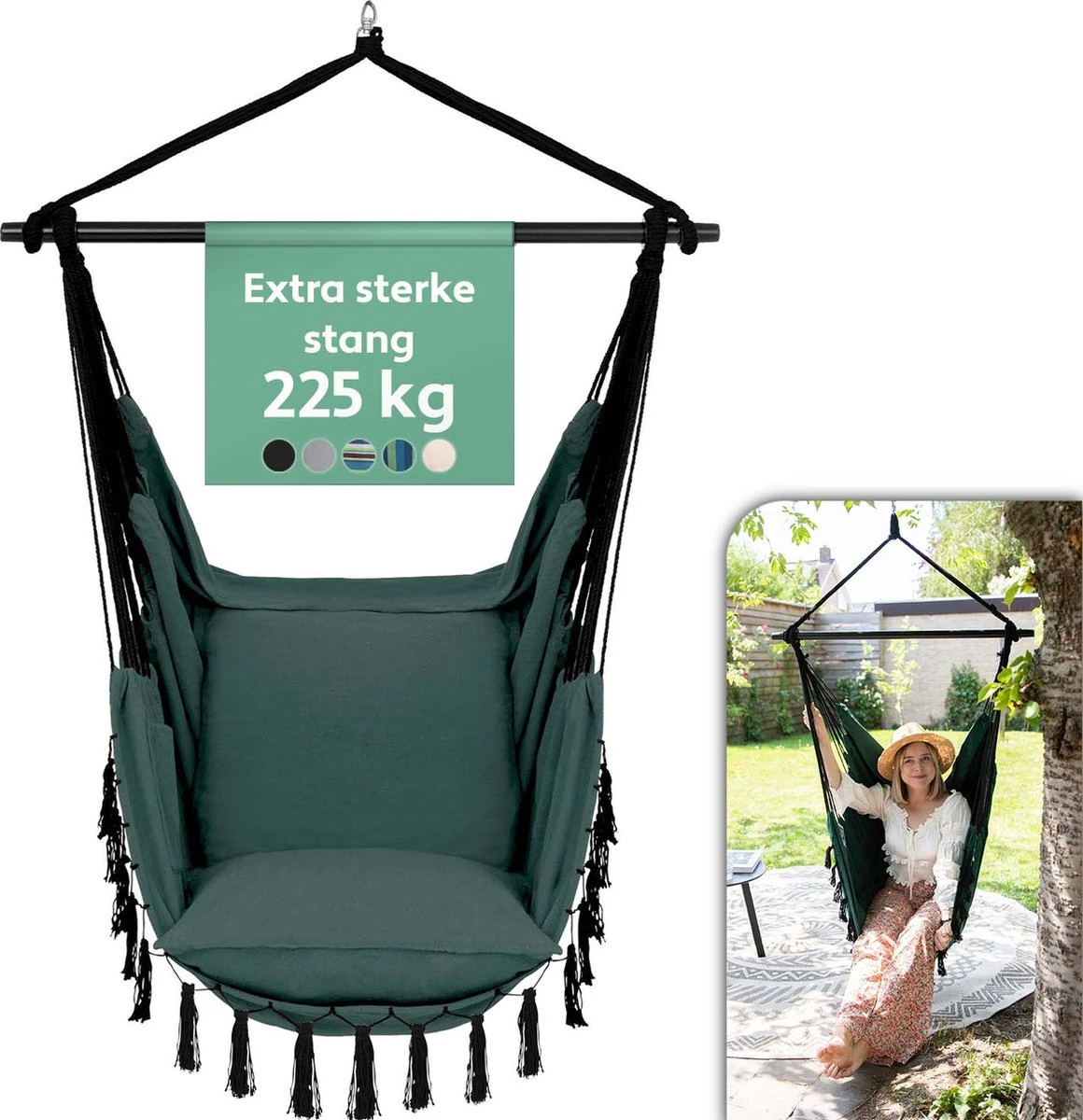 Vita5 XXL Hangstoel | Binnen&Buiten Hangnest | Incl. 2 Kussens En Boekenvak | Volwassenen&Kinderen | Hangmatstoel Tot 225kg | Donkergroen 1 Vita5 XXL Hangstoel | Binnen&Buiten Hangnest | Incl. 2 Kussens En Boekenvak | Volwassenen&Kinderen | Hangmatstoel Tot 225kg | Donkergroen