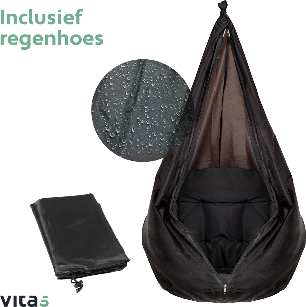 Vita5 Macramé Hangstoel - Voor Binnen En Buiten - Zonder Standaard - Incl. Kussen, Boekenvak En Beschermhoes - Tot 150kg - Zwart 9 Vita5 Macramé Hangstoel - Voor Binnen En Buiten - Zonder Standaard - Incl. Kussen, Boekenvak En Beschermhoes - Tot 150kg - Zwart - Afbeelding 9