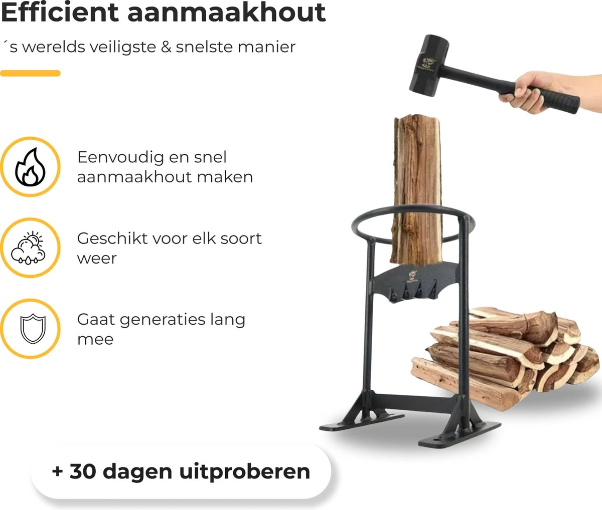 Maatworkz - Houtklover + Hamer - Houtsplijter - Houtkliever - Houtklover Voor Aanmaakhout - Gietijzer - Zwart 2 Maatworkz - Houtklover + Hamer - Houtsplijter - Houtkliever - Houtklover Voor Aanmaakhout - Gietijzer - Zwart - Afbeelding 2