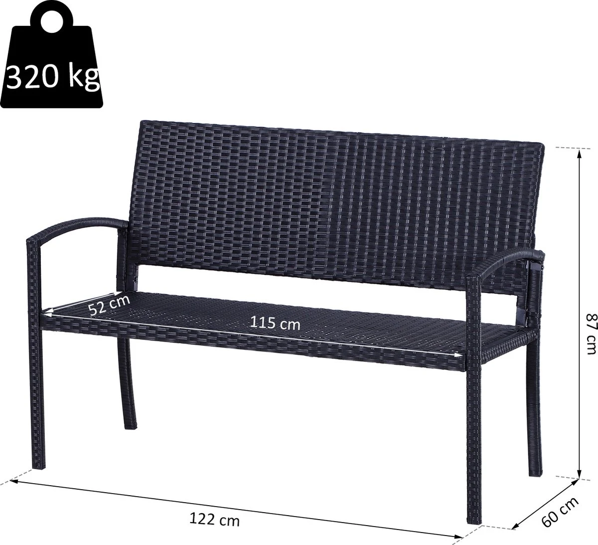 Outsunny Polyrotan Tuinbank 2-zits Parkbank Bank Staal Zwart 867-022 11 Outsunny Polyrotan Tuinbank 2-zits Parkbank Bank Staal Zwart 867-022 - Afbeelding 11