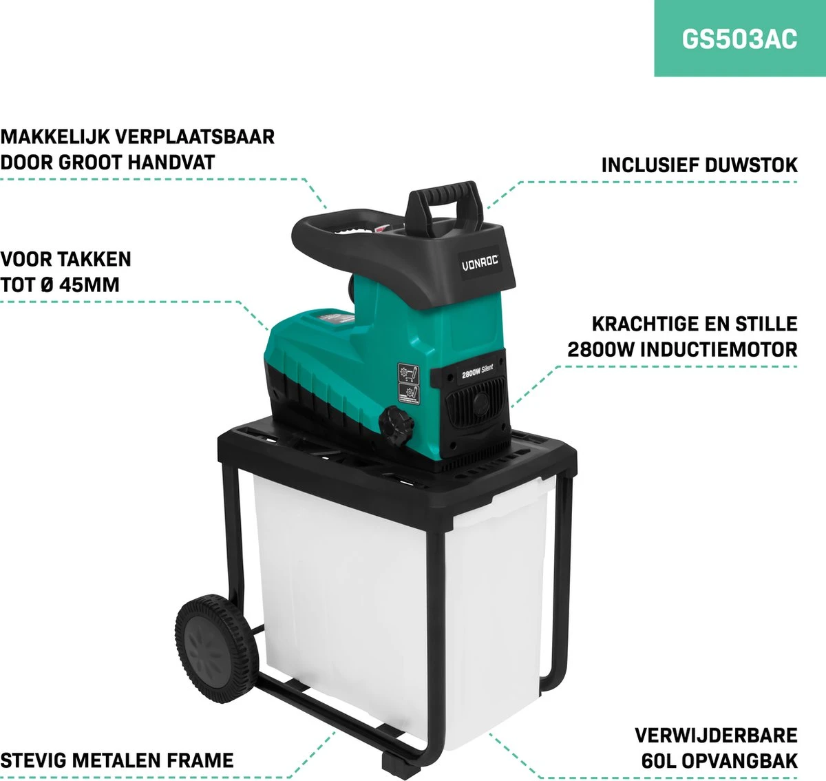 VONROC Stille Hakselaar/Shredder 2800W – Voor Takken Tot Ø45mm – Incl. 60L Opvangbak & Duwstok 4 VONROC Stille Hakselaar/Shredder 2800W – Voor Takken Tot Ø45mm – Incl. 60L Opvangbak & Duwstok - Afbeelding 4