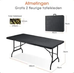 Lenx Klaptafel - Inklapbare Tafel - Opvouwbare Tuintafel - Vouwtafel - Inclusief Handvat En 2 Tafelkleden - 180x75x74cm - 6 Tot 8 Personen -Tuin En Buiten 1200x1179 17
