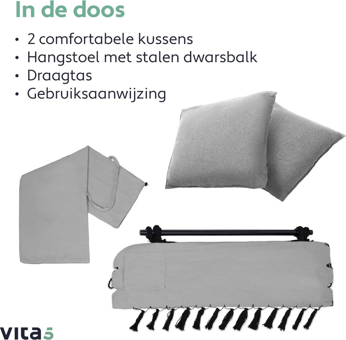 Vita5 XXL Hangstoel | Binnen&Buiten Hangnest | Incl. 2 Kussens En Boekenvak | Volwassenen&Kinderen | Hangmatstoel Tot 225kg | Grijs 8 Vita5 XXL Hangstoel | Binnen&Buiten Hangnest | Incl. 2 Kussens En Boekenvak | Volwassenen&Kinderen | Hangmatstoel Tot 225kg | Grijs - Afbeelding 8