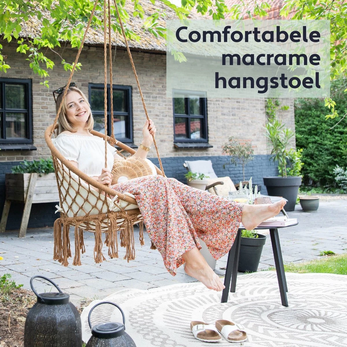 Vita5 Macramé Hangstoel - Voor Binnen En Buiten - Zonder Standaard - Incl. Kussen, Boekenvak En Beschermhoes - Tot 150kg - Bruin/Beige 2 Vita5 Macramé Hangstoel - Voor Binnen En Buiten - Zonder Standaard - Incl. Kussen, Boekenvak En Beschermhoes - Tot 150kg - Bruin/Beige - Afbeelding 2