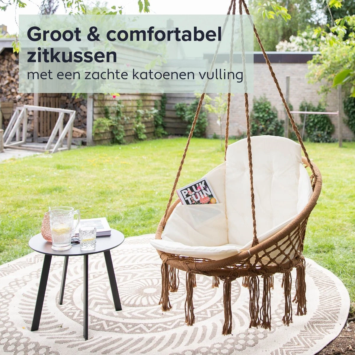 Vita5 Macramé Hangstoel - Voor Binnen En Buiten - Zonder Standaard - Incl. Kussen, Boekenvak En Beschermhoes - Tot 150kg - Bruin/Beige 6 Vita5 Macramé Hangstoel - Voor Binnen En Buiten - Zonder Standaard - Incl. Kussen, Boekenvak En Beschermhoes - Tot 150kg - Bruin/Beige - Afbeelding 6