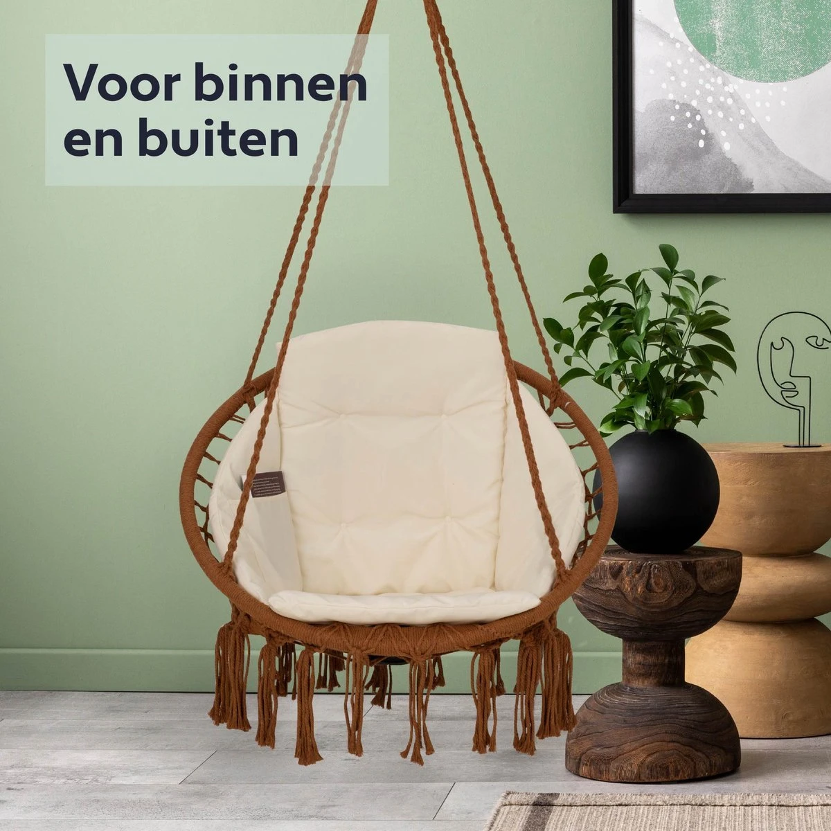 Vita5 Macramé Hangstoel - Voor Binnen En Buiten - Zonder Standaard - Incl. Kussen, Boekenvak En Beschermhoes - Tot 150kg - Bruin/Beige 9 Vita5 Macramé Hangstoel - Voor Binnen En Buiten - Zonder Standaard - Incl. Kussen, Boekenvak En Beschermhoes - Tot 150kg - Bruin/Beige - Afbeelding 9