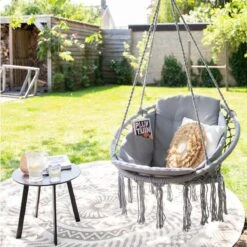Vita5 Macramé Hangstoel - Voor Binnen En Buiten - Zonder Standaard - Incl. Kussen, Boekenvak En Beschermhoes - Tot 150kg - Grijs -Tuin En Buiten 1200x1200 1185