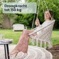 Vita5 Macramé Hangstoel - Voor Binnen En Buiten - Zonder Standaard - Incl. Kussen, Boekenvak En Beschermhoes - Tot 150kg - Beige -Tuin En Buiten 1200x1200 1211