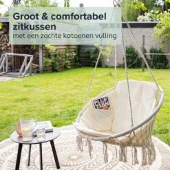 Vita5 Macramé Hangstoel - Voor Binnen En Buiten - Zonder Standaard - Incl. Kussen, Boekenvak En Beschermhoes - Tot 150kg - Beige -Tuin En Buiten 1200x1200 1213