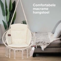 Vita5 Macramé Hangstoel - Voor Binnen En Buiten - Zonder Standaard - Incl. Kussen, Boekenvak En Beschermhoes - Tot 150kg - Beige -Tuin En Buiten 1200x1200 1214