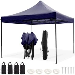 LifeGoods Partytent - 3x3 M - Easy Up - Opvouwbaar - Waterdicht - Draagtas Met Wieltjes - Donkerblauw
