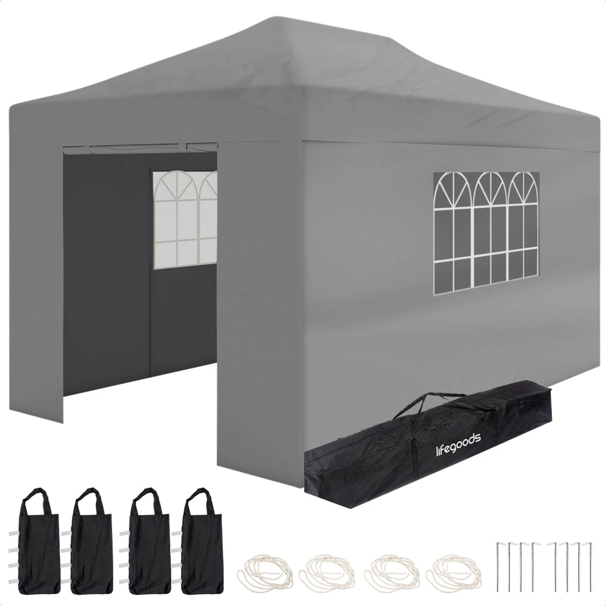 LifeGoods Partytent - 3x4.5 M - Zijwanden - Easy Up - Opvouwbaar - Waterdicht - Draagtas Met Wieltjes - Donkergrijs 1 LifeGoods Partytent - 3x4.5 M - Zijwanden - Easy Up - Opvouwbaar - Waterdicht - Draagtas Met Wieltjes - Donkergrijs