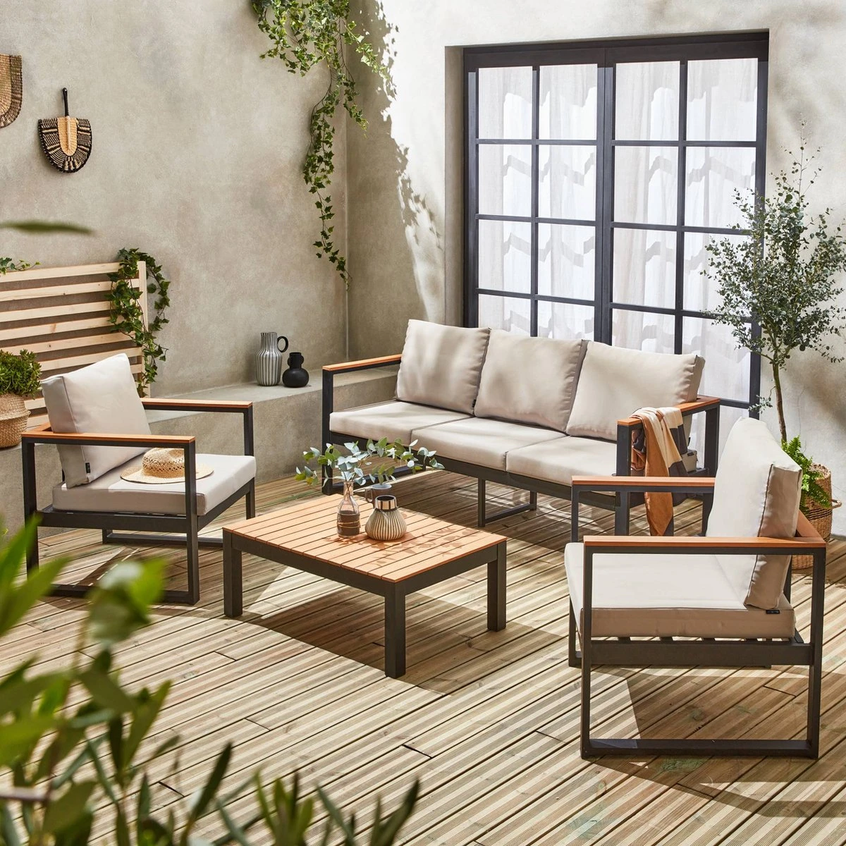 Loungeset 5 Plaatsen Van Aluminium En Eucalyptus – NAZCA – Antraciet Structuur, Lichtgrijs Kussens 2 Loungeset 5 Plaatsen Van Aluminium En Eucalyptus – NAZCA – Antraciet Structuur, Lichtgrijs Kussens - Afbeelding 2