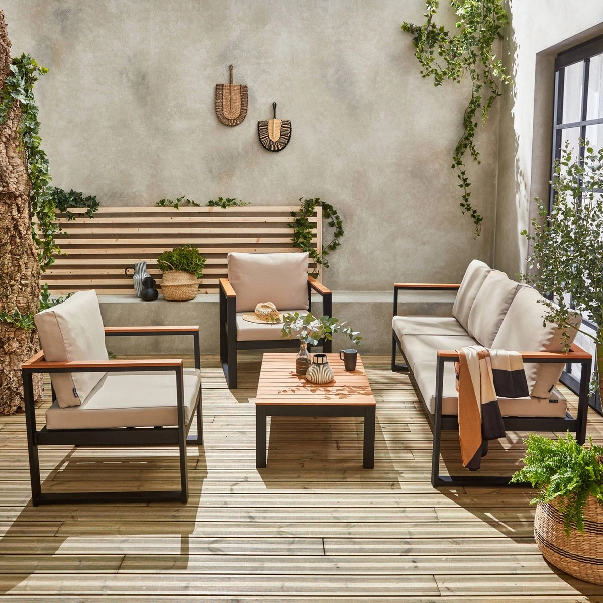 Loungeset 5 Plaatsen Van Aluminium En Eucalyptus – NAZCA – Antraciet Structuur, Lichtgrijs Kussens 5 Loungeset 5 Plaatsen Van Aluminium En Eucalyptus – NAZCA – Antraciet Structuur, Lichtgrijs Kussens - Afbeelding 5