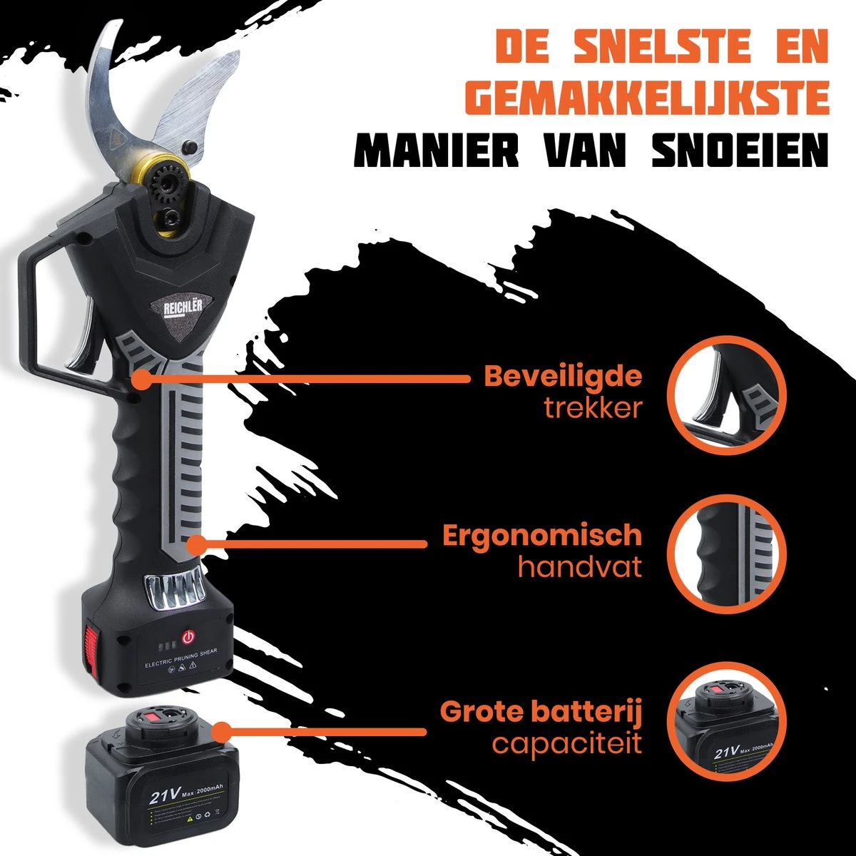 Reichlër® Elektrische Snoeischaar - 40 Mm Snijdiameter - 2x Accu - Anti-cut Functie - Heggenschaar - Takkenschaar - Zwart 3 Reichlër® Elektrische Snoeischaar - 40 Mm Snijdiameter - 2x Accu - Anti-cut Functie - Heggenschaar - Takkenschaar - Zwart - Afbeelding 3