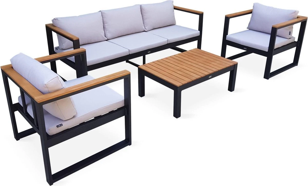 Loungeset 5 Plaatsen Van Aluminium En Eucalyptus – NAZCA – Antraciet Structuur, Lichtgrijs Kussens 1 Loungeset 5 Plaatsen Van Aluminium En Eucalyptus – NAZCA – Antraciet Structuur, Lichtgrijs Kussens