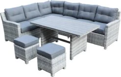 Merkloos Rivièra | Loungeset Hoekset Dining Set Tuinset | Wicker | Hoekbank, Hoge Tuintafel, 2 Hockers | 6 Zitplaatsen