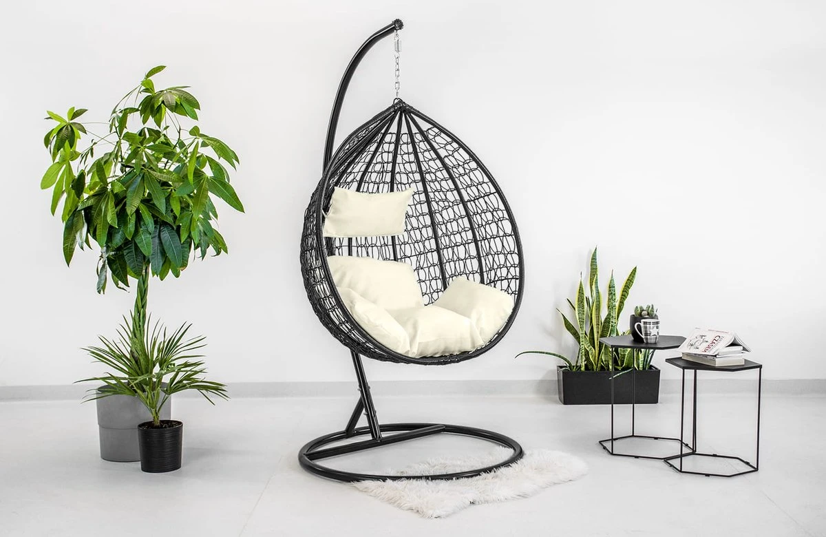 Hangstoel - Ei Stoel - Met Frame - Zwart Beige - Tot 125 Kg 5 Hangstoel - Ei Stoel - Met Frame - Zwart Beige - Tot 125 Kg - Afbeelding 5