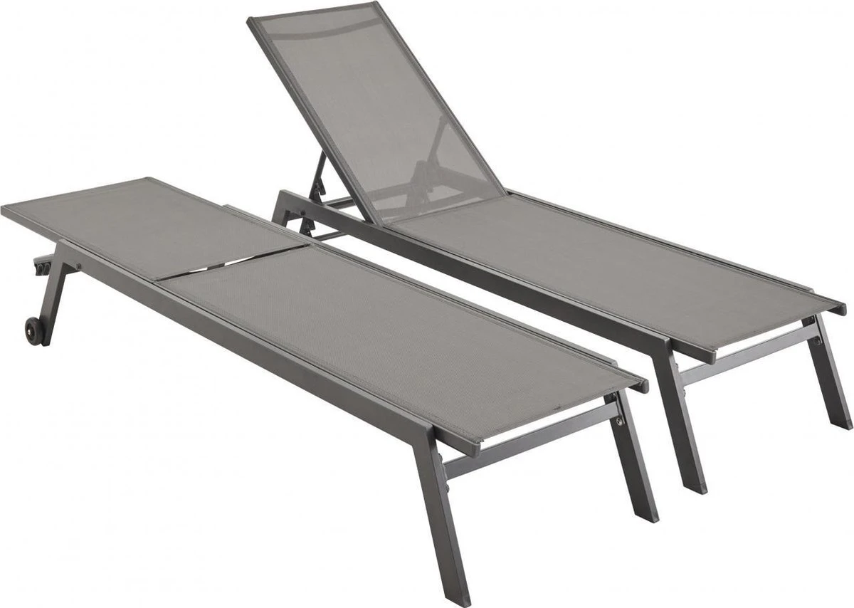 ELSA - Set Van 2 Ligstoelen Van Aluminium En Textileen, Ligbed Multipositioneel Met Wieltjes, Kleur Antraciet/donkergrijs 5 ELSA - Set Van 2 Ligstoelen Van Aluminium En Textileen, Ligbed Multipositioneel Met Wieltjes, Kleur Antraciet/donkergrijs - Afbeelding 5