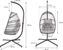 Pro Garden Lowander Hangstoel Egg 191x126x126- Schommelstoel Met Rattan Cocoon En Robuust Stalen Standaard Incl. Kussens - Volledig Inklapbaar - Lichtgrijs -Tuin En Buiten 1200x943