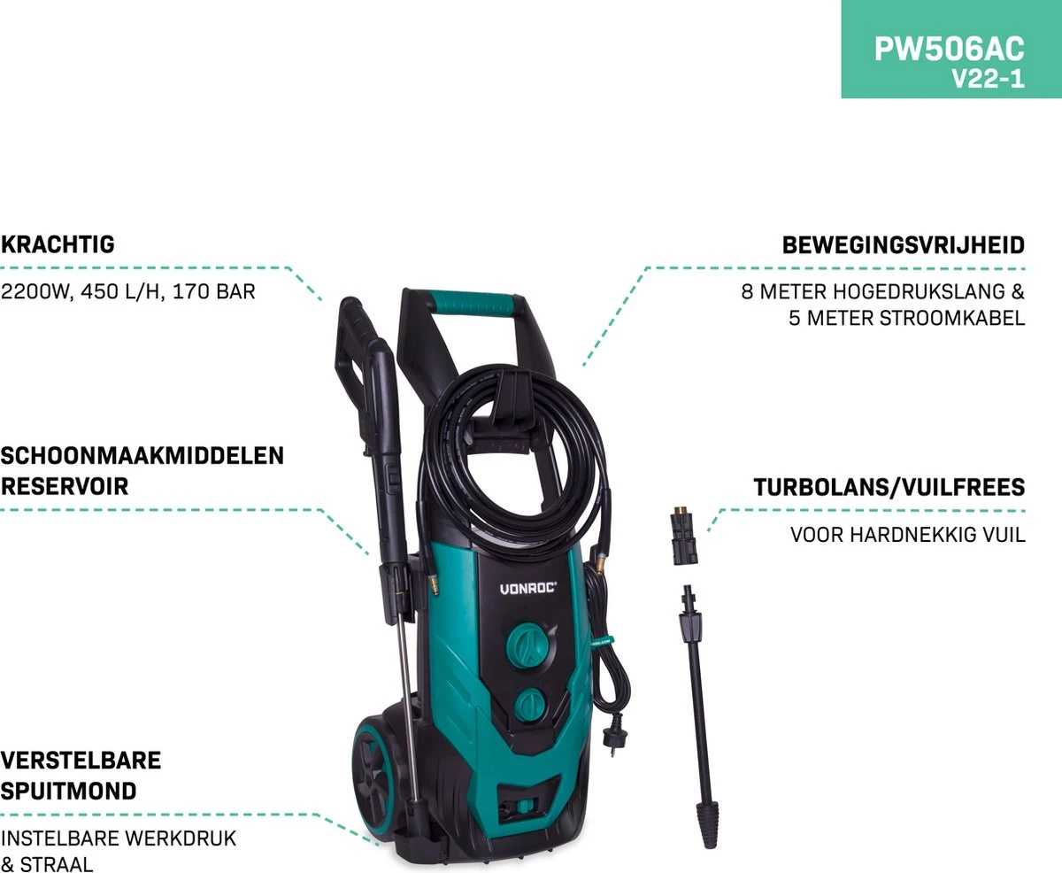 VONROC Hogedrukreiniger V22-1 2200W – 170 Bar – 450 L/h – Incl. 8m Slang, Reinigingsmiddelen Tank, Spuitstukken En Accessoires 3 VONROC Hogedrukreiniger V22-1 2200W – 170 Bar – 450 L/h – Incl. 8m Slang, Reinigingsmiddelen Tank, Spuitstukken En Accessoires - Afbeelding 3