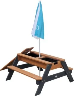 AXI Nick Zand & Water Picknicktafel In Antraciet/Bruin - Parasol Blauw/Wit - Picknick Tafel Voor Kinderen Van Hout -Tuin En Buiten 930x1200